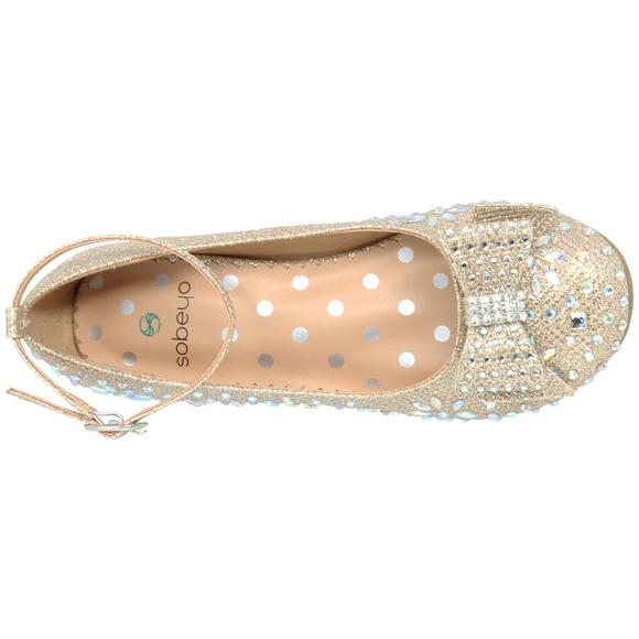 Kids Gold Glitter Rhinestone Bow Low Heel MARY-50 - Picture 5 of 6